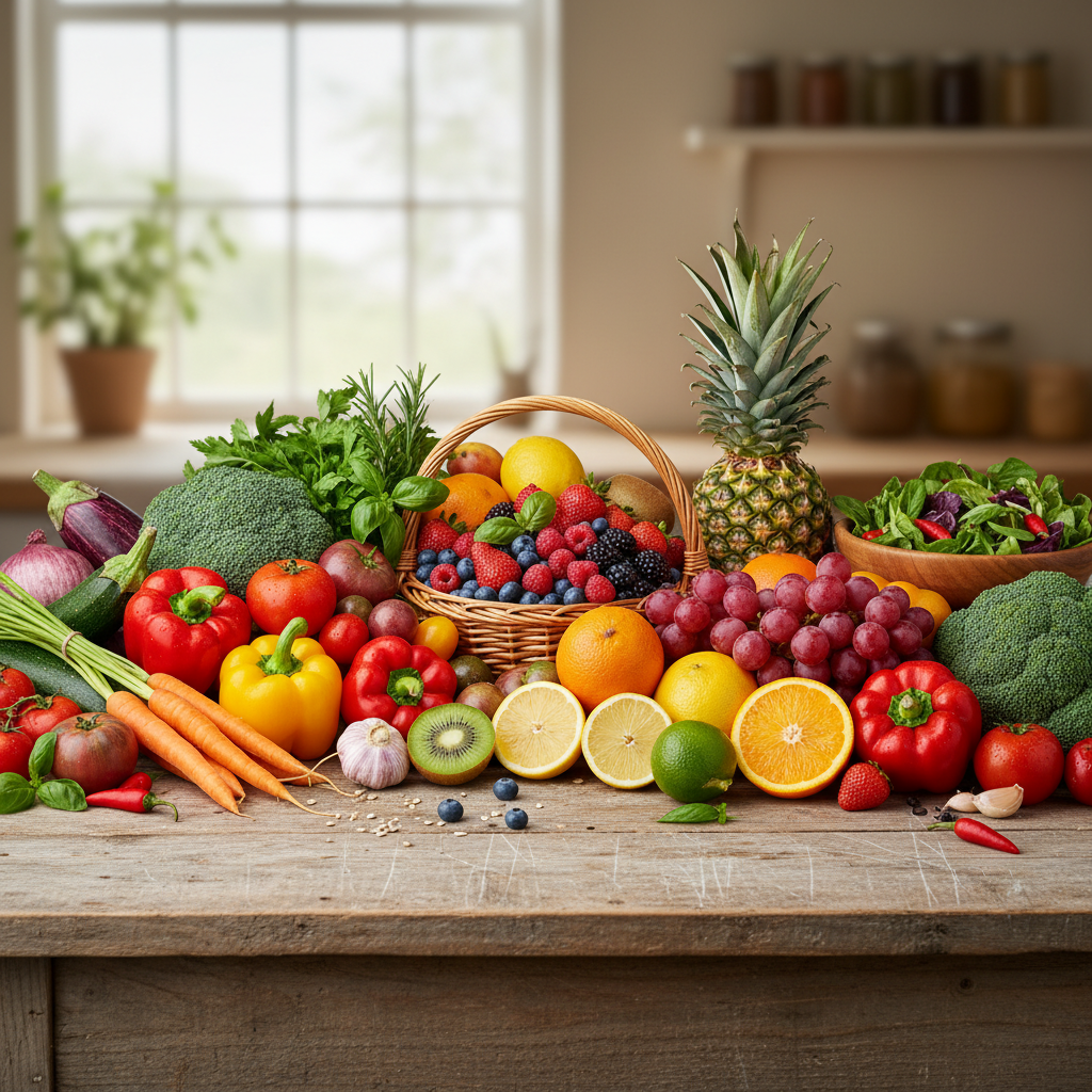 Colorful arrangement of fresh fruits, vegetables and herbs on a wooden surface